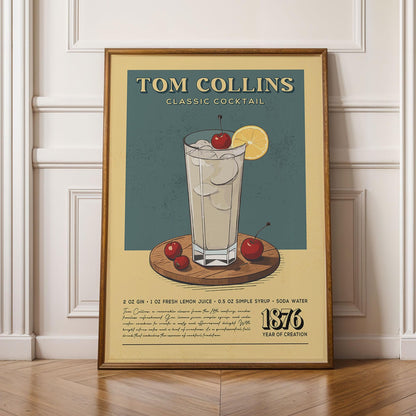 Tom Collins Cocktail Print, Tom Collins Cocktail Poster | Bar Cart Prints | Vintage Alcohol Poster for Home Bar Cart Cart