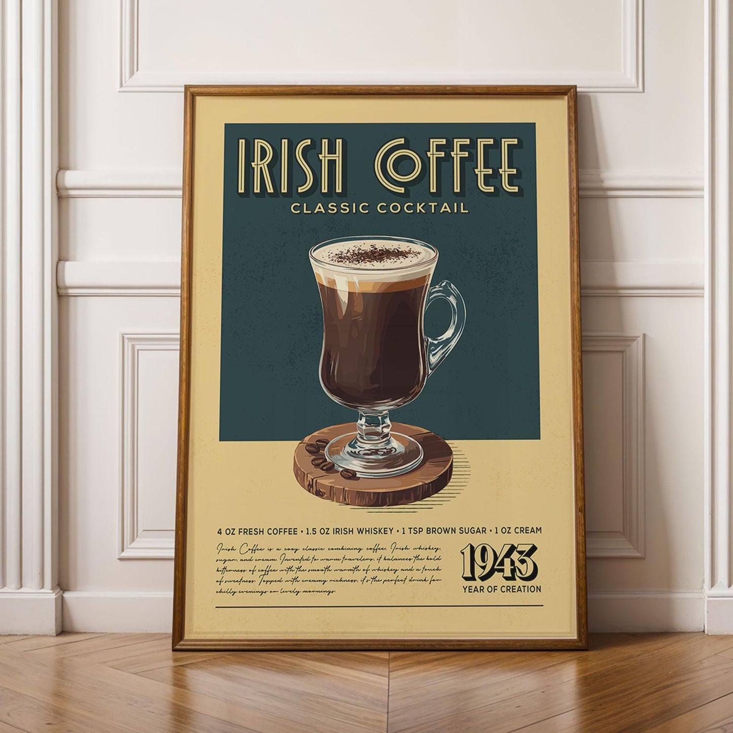 Irish Coffee Cocktail Print, Irish Coffee Cocktail Poster | Bar Cart Prints | Vintage Cocktail Art Bar Accessories for Home Bar Cart