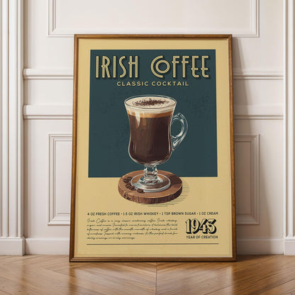 Irish Coffee Cocktail Print, Irish Coffee Cocktail Poster | Bar Cart Prints | Vintage Cocktail Art Bar Accessories for Home Bar Cart
