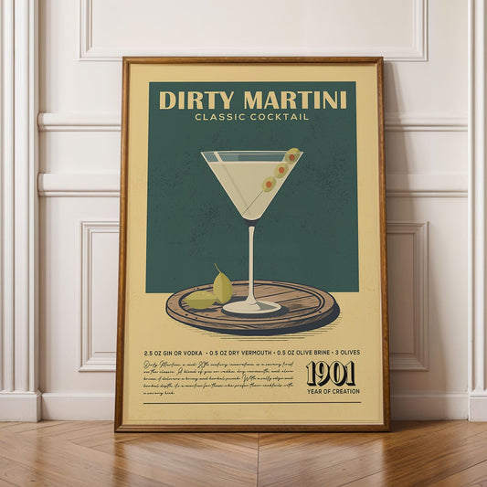 Dirty Martini Cocktail Print, Retro Dirty Martini Cocktail Poster | Bar Cart Prints | Vintage Bar Cart Decor for Home Bar Cart