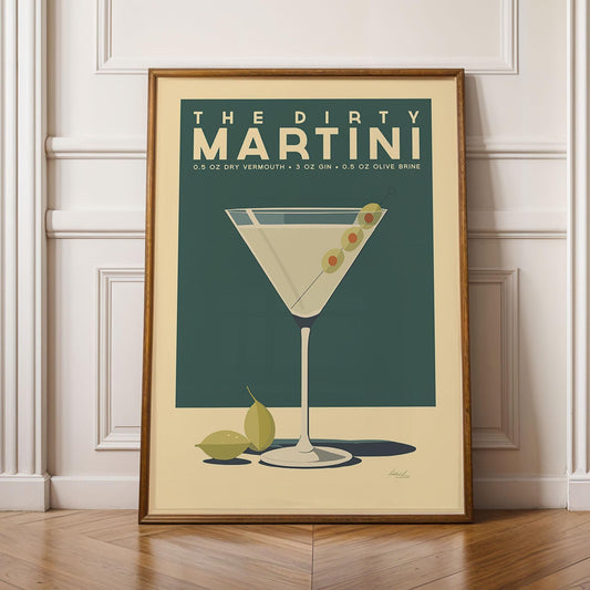 Dirty Martini Cocktail Poster, Dirty Martini Cocktail Print, Mid Century Modern Art | Bar Cart Prints | Bar Cart Decor for Vintage Kitchen