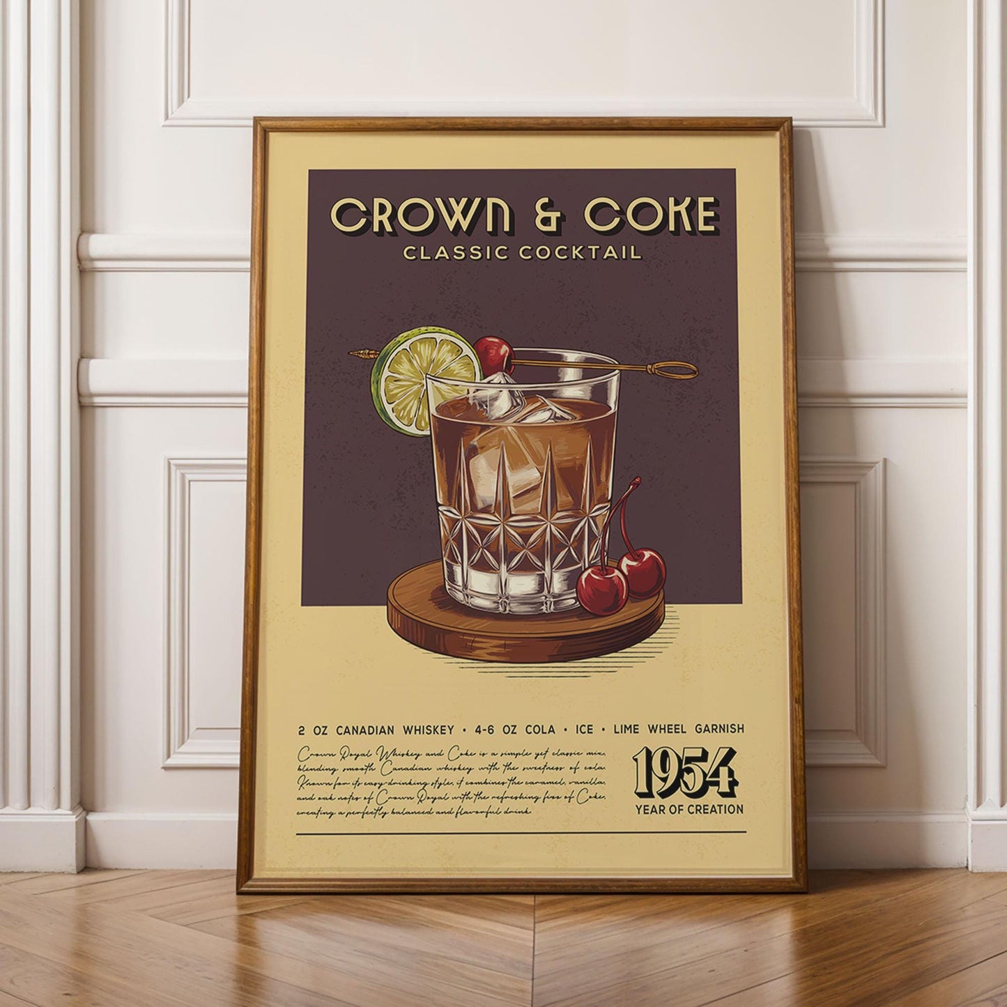 Crown and Coke Cocktail Print, Crown and Coke Cocktail Poster | Bar Cart Prints | Vintage Whiskey Poster for Kitchen Bar Cart