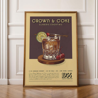 Crown and Coke Cocktail Print, Crown and Coke Cocktail Poster | Bar Cart Prints | Vintage Whiskey Poster for Kitchen Bar Cart