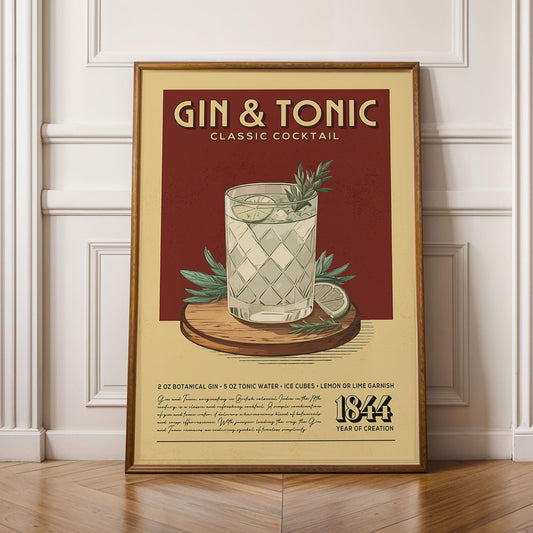 Gin and Tonic Cocktail Print, Gin and Tonic Cocktail Poster, Bar Wall Art, Bar Cart Art Prints, Retro Cocktail Print, Bar Cart Accessories