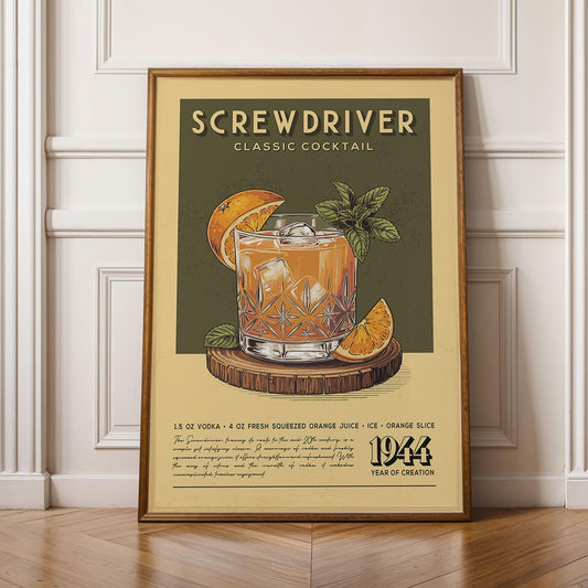 Screwdriver Cocktail Print, Screwdriver Cocktail Poster | Bar Cart Prints | Vintage Cocktail Art Bar Accessories for Home Bar Cart