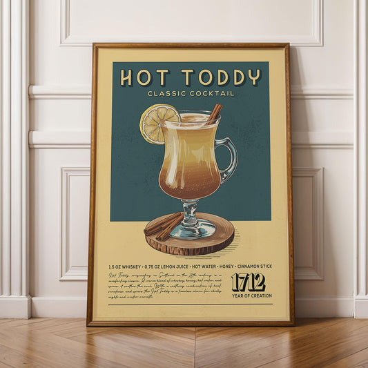 Hot Toddy Cocktail Print, Hot Toddy Cocktail Poster | Bar Cart Prints | Retro Alcohol Prints for Vintage Kitchen