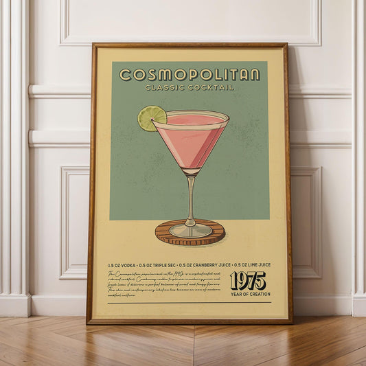 Cosmopolitan Cocktail Print, Cosmopolitan Cocktail Poster, Bar Wall Art, Bar Cart Art Prints, Retro Cocktail Print, Bar Cart Accessories