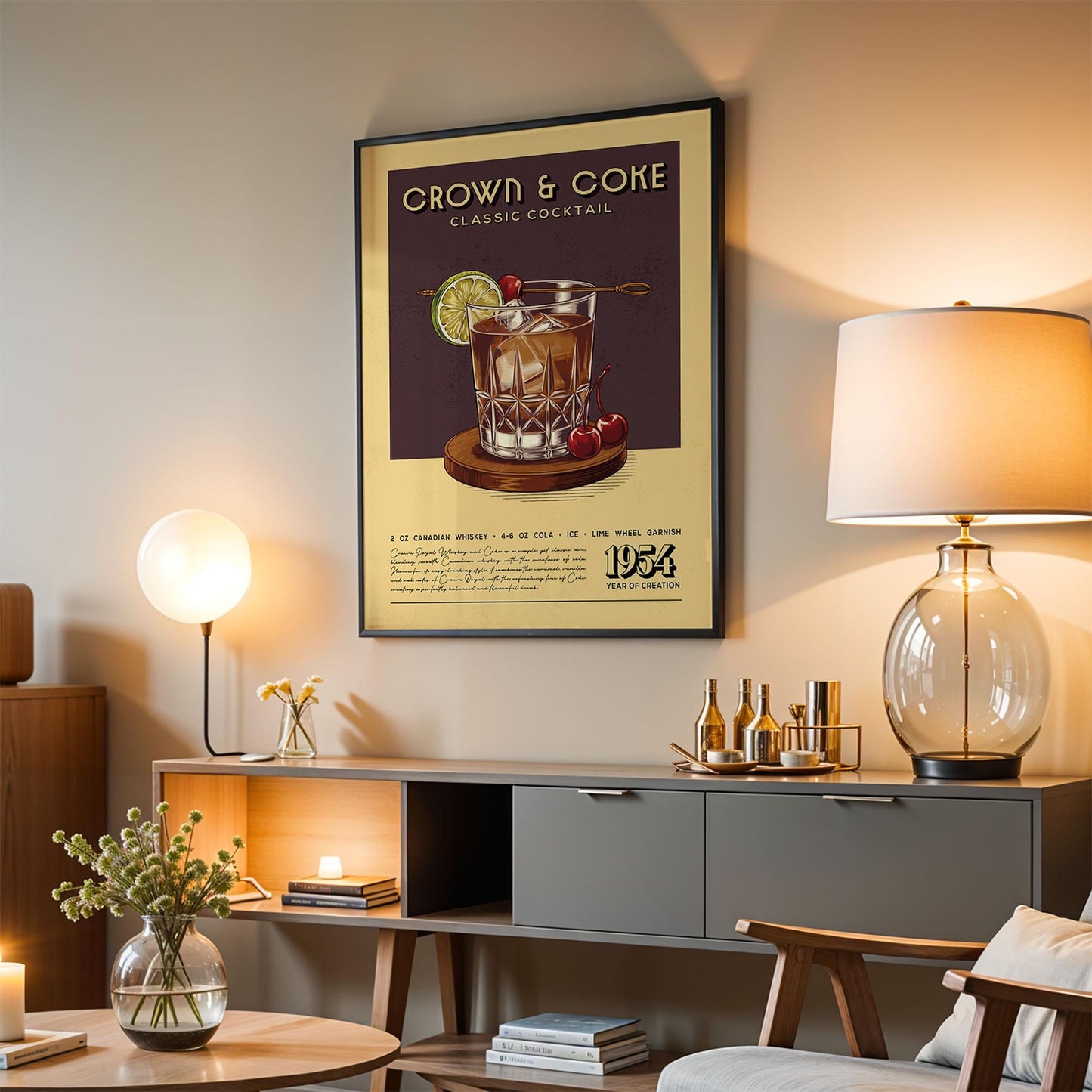 Crown and Coke Cocktail Print, Crown and Coke Cocktail Poster | Bar Cart Prints | Vintage Whiskey Poster for Kitchen Bar Cart