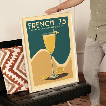 French 75 Cocktail Print, Vintage French 75 Cocktail Poster | Bar Cart Prints | Mid Century Modern Alcohol Poster for Home Bar Cart