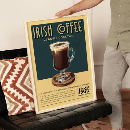 Irish Coffee Cocktail Print, Irish Coffee Cocktail Poster | Bar Cart Prints | Vintage Cocktail Art Bar Accessories for Home Bar Cart