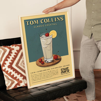 Tom Collins Cocktail Print, Tom Collins Cocktail Poster | Bar Cart Prints | Vintage Alcohol Poster for Home Bar Cart Cart