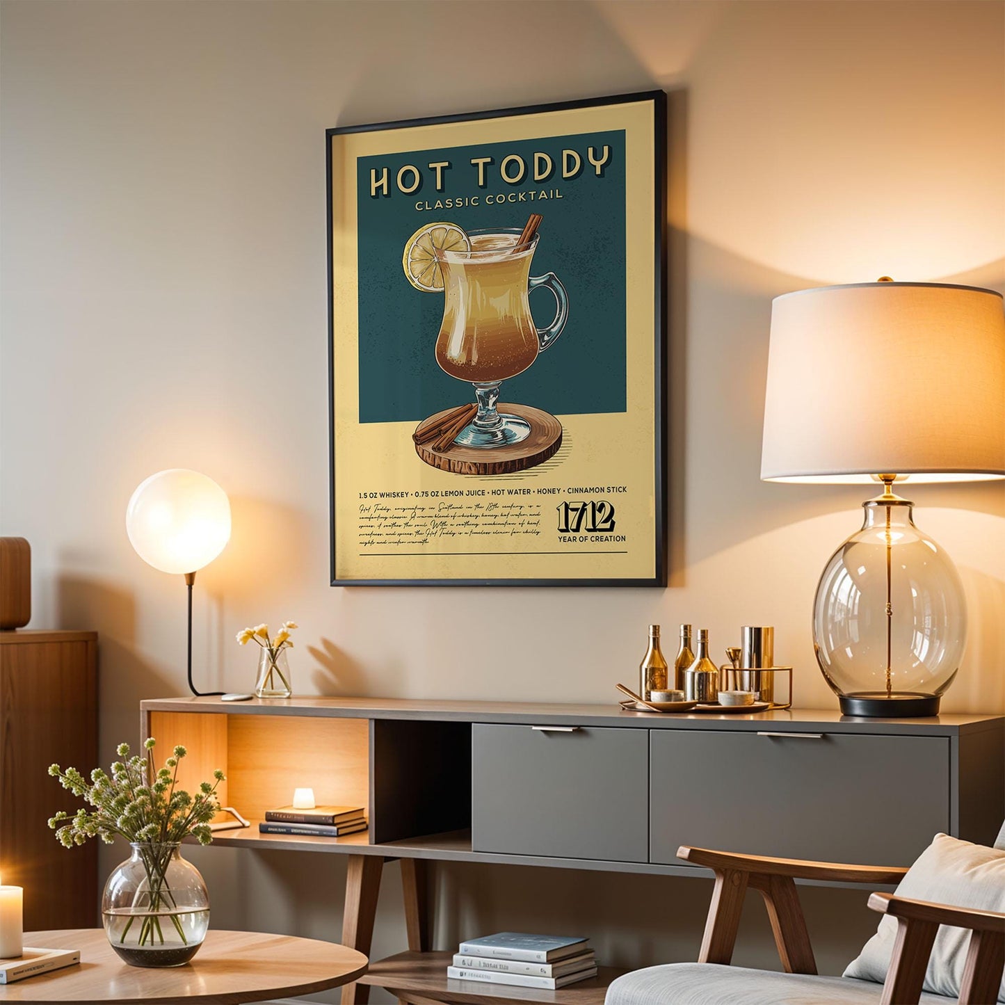 Hot Toddy Cocktail Print, Hot Toddy Cocktail Poster | Bar Cart Prints | Retro Alcohol Prints for Vintage Kitchen