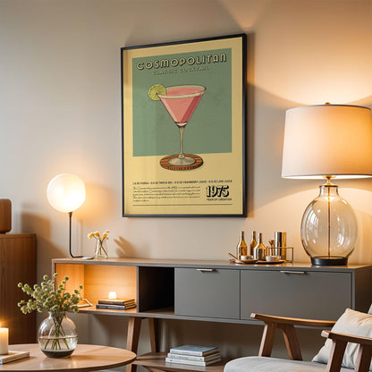 Cosmopolitan Cocktail Print, Cosmopolitan Cocktail Poster, Bar Wall Art, Bar Cart Art Prints, Retro Cocktail Print, Bar Cart Accessories