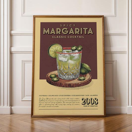 Spicy Margarita Cocktail Print, Spicy Margarita Cocktail Poster | Bar Cart Prints | Vintage Cocktail Art Bar Accessories for Home Bar Cart