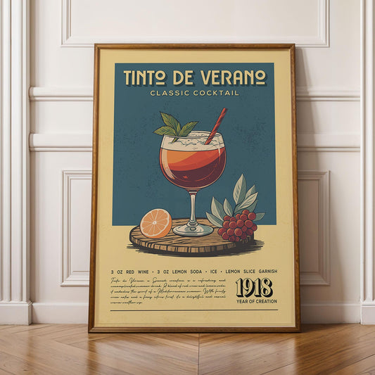 Tinto De Verano Cocktail Print, Tinto De Verano Cocktail Poster | Bar Cart Prints | Vintage Cocktail Art Bar Accessories for Home Bar Cart