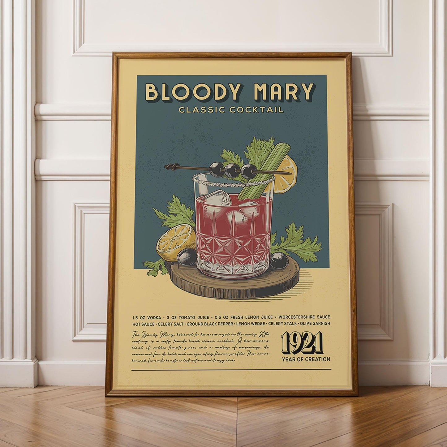 Bloody Mary Cocktail Print, Bloody Mary Cocktail Poster | Bar Cart Prints | Vintage Cocktail Art Bar Accessories for Home Bar Cart