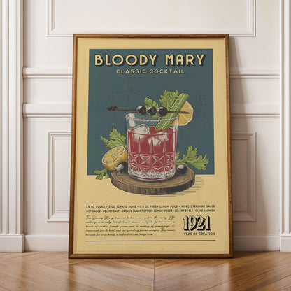 Bloody Mary Cocktail Print, Bloody Mary Cocktail Poster | Bar Cart Prints | Vintage Cocktail Art Bar Accessories for Home Bar Cart