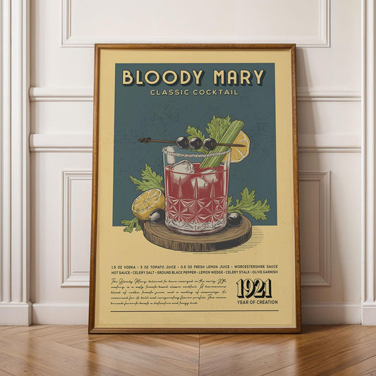 Bloody Mary Cocktail Print, Bloody Mary Cocktail Poster | Bar Cart Prints | Vintage Cocktail Art Bar Accessories for Home Bar Cart