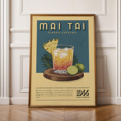 Mai Tai Cocktail Print, Mai Tai Cocktail Poster | Bar Cart Prints | Vintage Cocktail Recipe Poster for Home Bar Cart