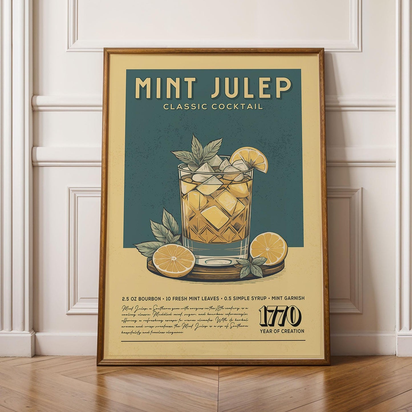Mint Julep Cocktail Print, Mint Julep Cocktail Poster | Bar Cart Prints | Vintage Cocktail Recipe Poster for Bar Cart