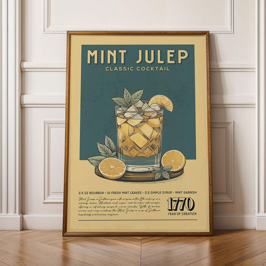 Mint Julep Cocktail Print, Mint Julep Cocktail Poster | Bar Cart Prints | Vintage Cocktail Recipe Poster for Bar Cart