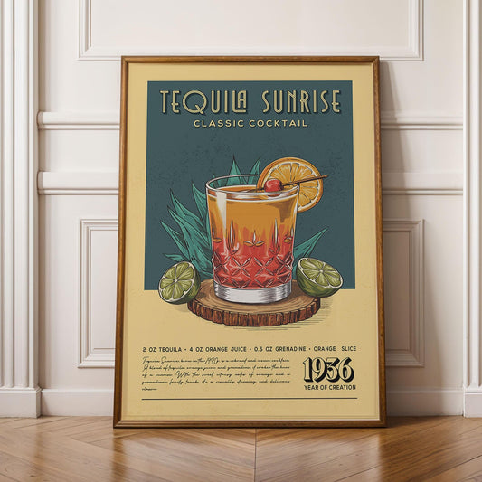 Tequila Sunrise Cocktail Print, Tequila Sunrise Cocktail Poster | Bar Cart Prints | Vintage Alcohol Poster for Bar Cart