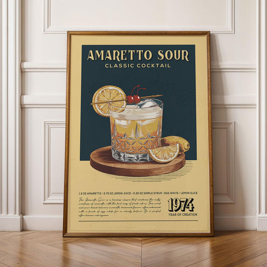 Amaretto Sour Cocktail Print, Amaretto Sour Cocktail Poster | Bar Cart Prints | Vintage Drink Prints Decor for Home Bar Cart in Kitchen