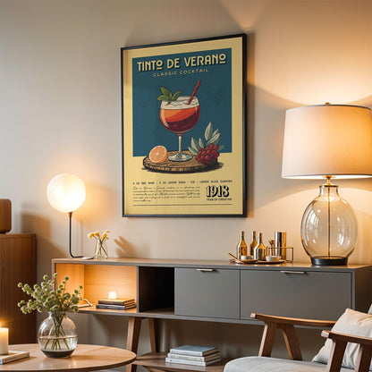 Tinto De Verano Cocktail Print, Tinto De Verano Cocktail Poster | Bar Cart Prints | Vintage Cocktail Art Bar Accessories for Home Bar Cart