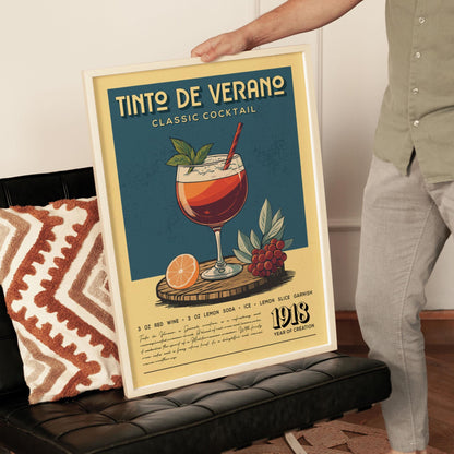 Tinto De Verano Cocktail Print, Tinto De Verano Cocktail Poster | Bar Cart Prints | Vintage Cocktail Art Bar Accessories for Home Bar Cart