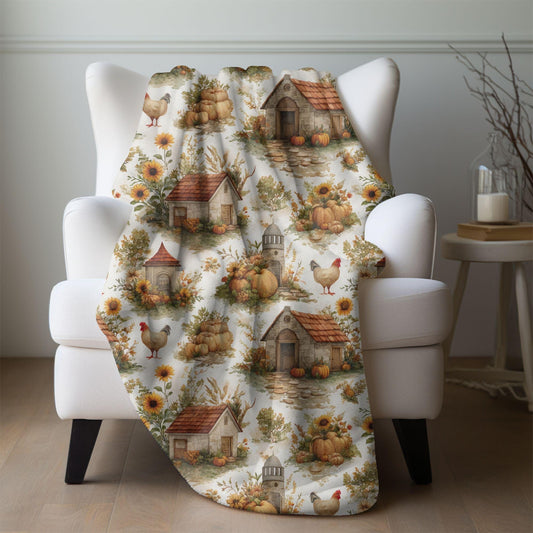 Chicken Blanket Fall Chicken Coop Throw Cottagecore Farmhouse Decor Minky Fleece Blanket, Cozy Autumn Hen Gift for Chicken Lover Tender Gift