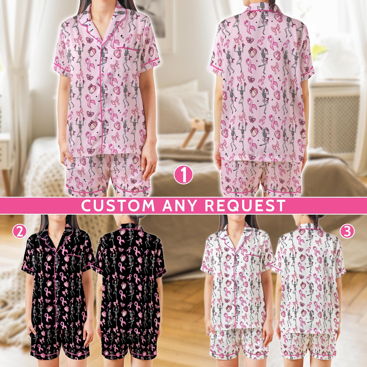 Pink Ribbon Skeleton Pajama Set, Breast Cancer Awareness Halloween Pajamas, Coquette Pumpkin Sleepwear, In October We Wear Pink Pajamas Set