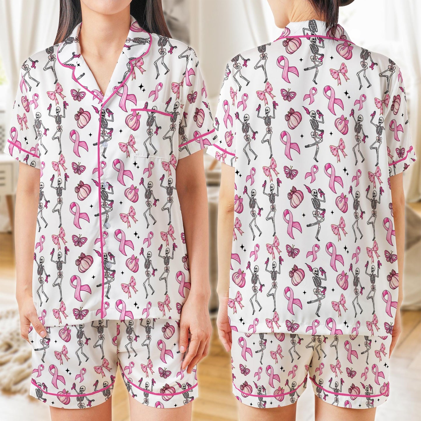 Pink Ribbon Skeleton Pajama Set, Breast Cancer Awareness Halloween Pajamas, Coquette Pumpkin Sleepwear, In October We Wear Pink Pajamas Set