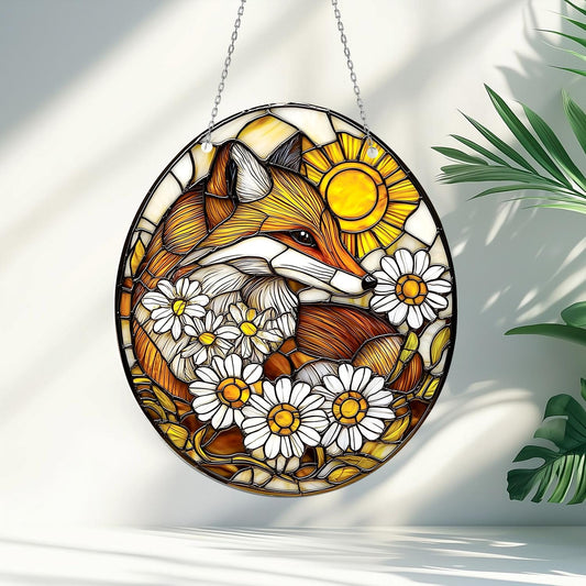 Fox and Daisy Window Hanging, Woodland Animal Glass Decor with Sunshine, Nature-Inspired Gift for Her, Summer Cottagecore Accent