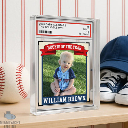Rookie Baseball Kid All Star Plaque, Little Slugger 1st Birthday Trading Card Style Personalized Acrylic Block Keepsake Gift