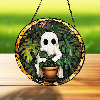 Cute Ghost Plant Stained Glass Suncatcher, Ghost and Monstera Ornament, Halloween Ghost Window Hangings, Plant Lovers Gift, Gift For Mom