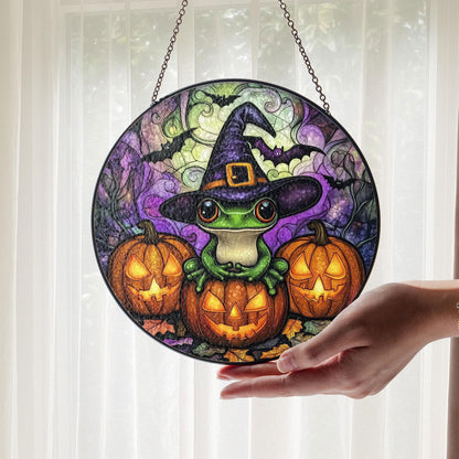 Frog Stained Glass Suncatcher, Pumpkin Cluster Scene, Halloween Witch Decor, Spooky Cute Style, Animal Lovers, Fun Fall Gift