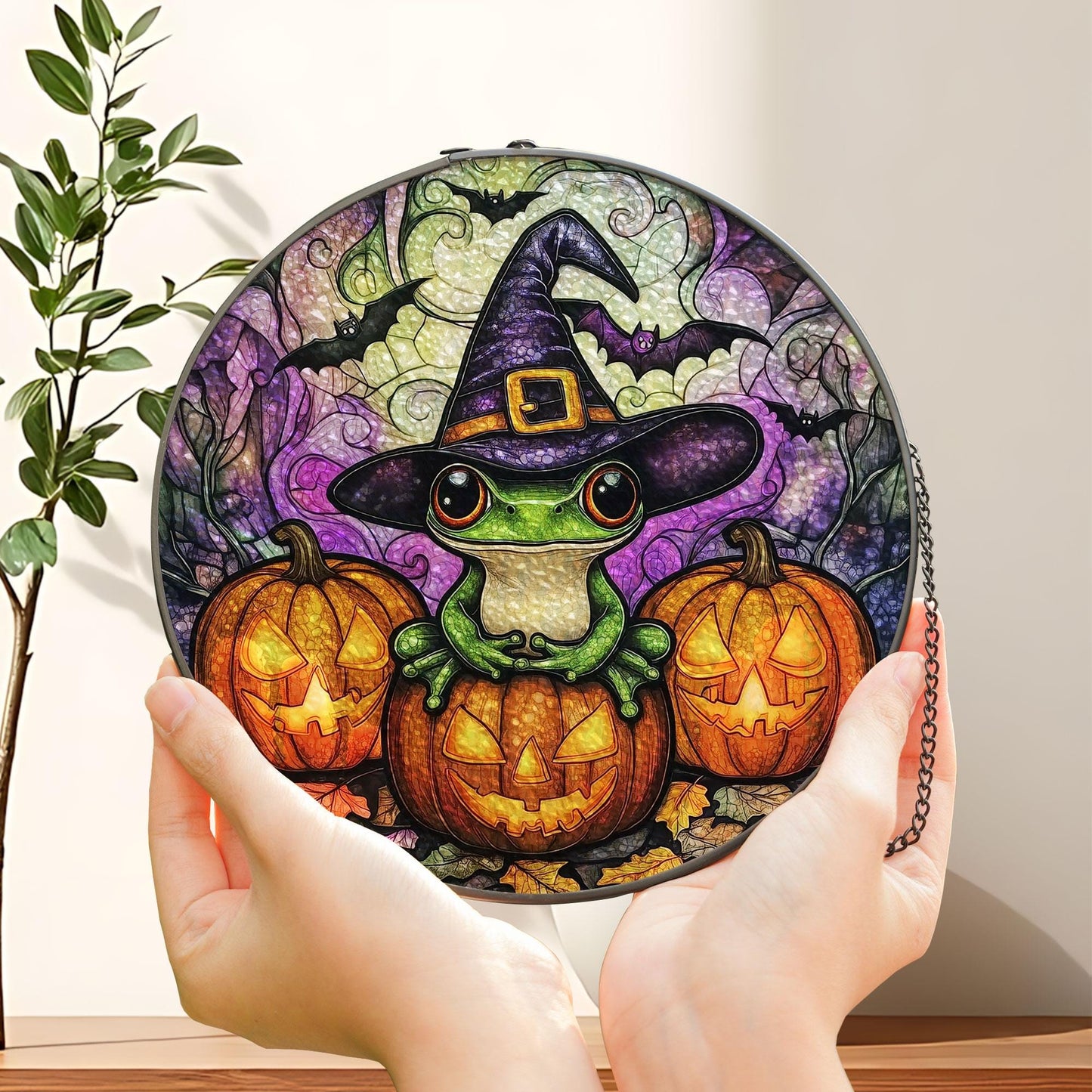 Frog Stained Glass Suncatcher, Pumpkin Cluster Scene, Halloween Witch Decor, Spooky Cute Style, Animal Lovers, Fun Fall Gift