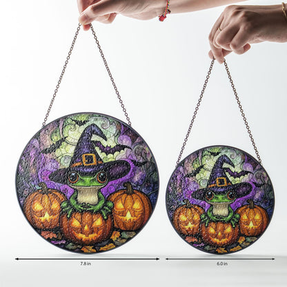 Frog Stained Glass Suncatcher, Pumpkin Cluster Scene, Halloween Witch Decor, Spooky Cute Style, Animal Lovers, Fun Fall Gift