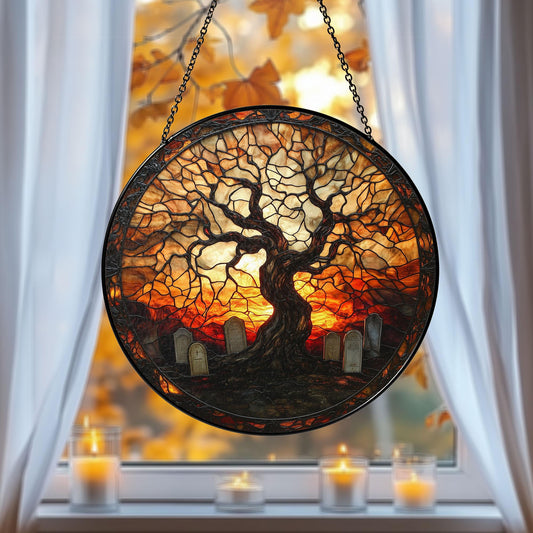 Stained Glass Suncatcher Haunted Graveyard, Gothic Halloween Window Hanging, Spooky Season Decor, Gift for Halloween, Cemetery Suncatcher