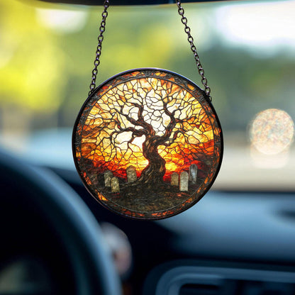 Stained Glass Suncatcher Haunted Graveyard, Gothic Halloween Window Hanging, Spooky Season Decor, Gift for Halloween, Cemetery Suncatcher