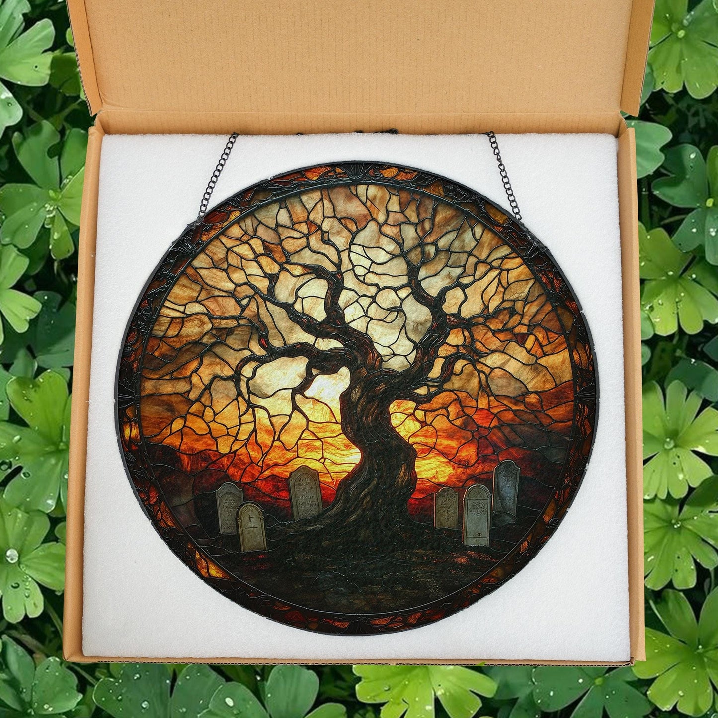 Stained Glass Suncatcher Haunted Graveyard, Gothic Halloween Window Hanging, Spooky Season Decor, Gift for Halloween, Cemetery Suncatcher