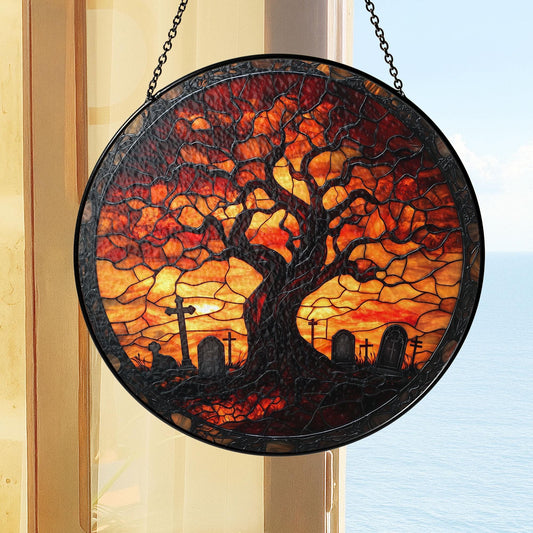 Cemetery Stained Glass Suncatcher, Halloween Stained Glass Graveyard Window Hanging, Spooky Moonlit Scene Gift