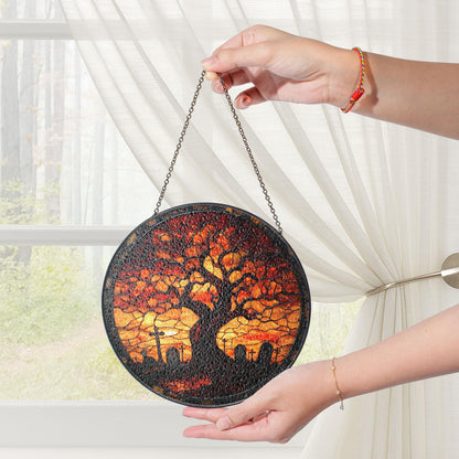 Cemetery Stained Glass Suncatcher, Halloween Stained Glass Graveyard Window Hanging, Spooky Moonlit Scene Gift