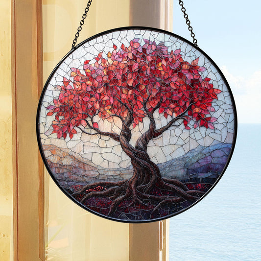 Stained Glass Tree of Life Window Hanging, Red Tree Suncatcher for Fall Decor, Boho Sunlight Catcher Art, Nature Gift for Home or Garden