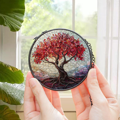 Stained Glass Tree of Life Window Hanging, Red Tree Suncatcher for Fall Decor, Boho Sunlight Catcher Art, Nature Gift for Home or Garden