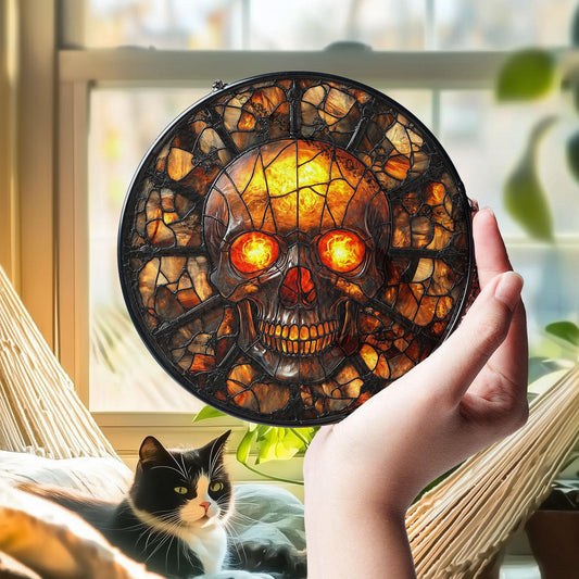 Pumpkin Skull Stained Glass Suncatcher, Spooky Halloween Stained Glass Suncatcher, Gothic Jack O Lantern Glass Decor, Dark Horror Decor