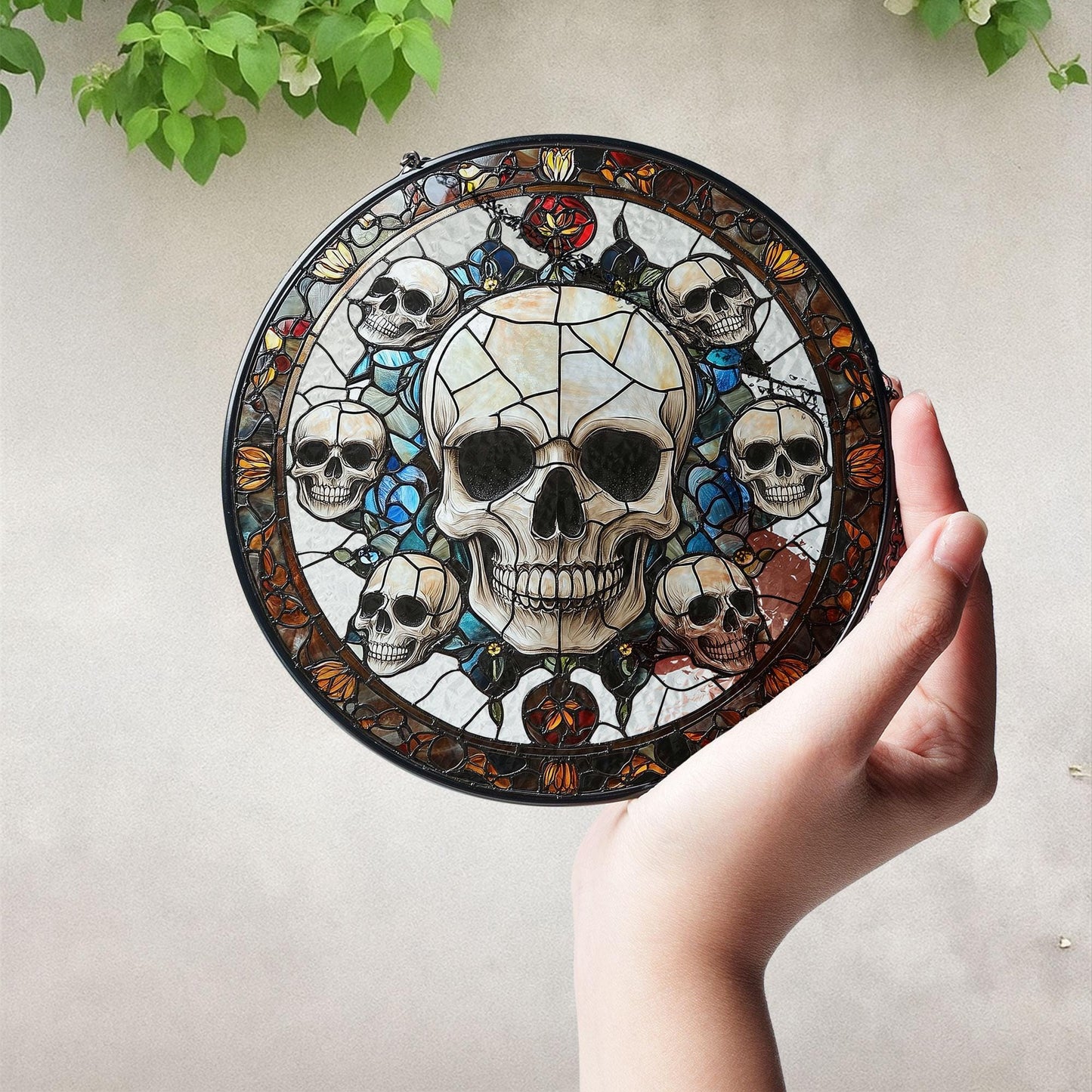 Gothic Skull Stained Glass Suncatcher, Window Hanging Panel with Dark Floral Accents for Halloween, Horror Decor, Edgy Macabre Gift for Home