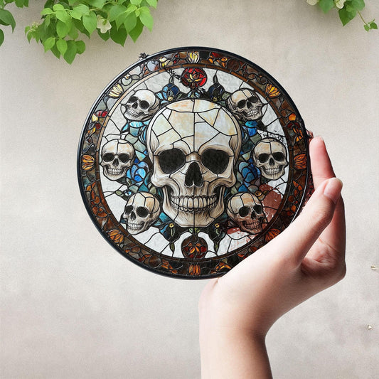 Gothic Skull Stained Glass Suncatcher, Window Hanging Panel with Dark Floral Accents for Halloween, Horror Decor, Edgy Macabre Gift for Home