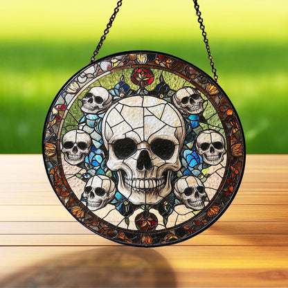 Gothic Skull Stained Glass Suncatcher, Window Hanging Panel with Dark Floral Accents for Halloween, Horror Decor, Edgy Macabre Gift for Home