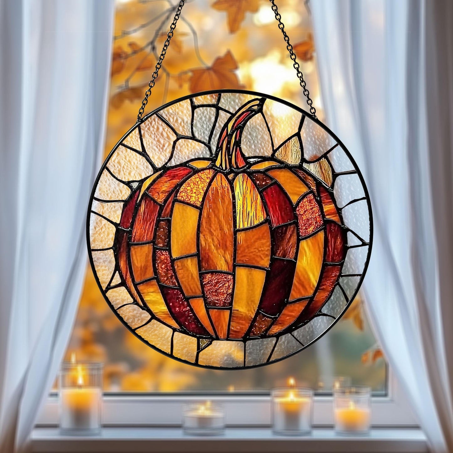 Pumpkin Stained Glass Suncatcher, Stained Glass Autumn Window Hanging, Fall Vibes Decor, Thanksgiving or Halloween Gift, Autumn Suncatcher